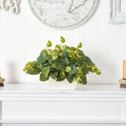 14 In. Artificial H Green Pothos With White Wash Planter Silk Plant -AFLORAL ONLINE STORE nearly natural artificial vines 6713 31 1000