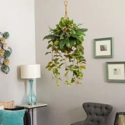 Indoor Mixed Pothos And Boston Artificial Fern In Hanging Basket -AFLORAL ONLINE STORE nearly natural artificial vines 6986 1f 1000