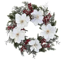 22 In. Artificial Snowed Magnolia And Berry Wreath