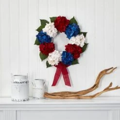 24 In. Red, White And Blue Americana Hydrangea Artificial Wreath -AFLORAL ONLINE STORE nearly natural decorative wreaths 4444 31 1000