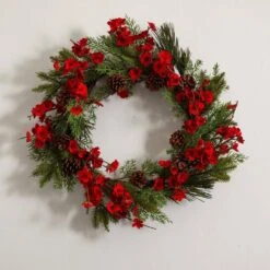 24 In. Artificial Plum Blossom Pine Wreath -AFLORAL ONLINE STORE nearly natural decorative wreaths 4551 1f 1000