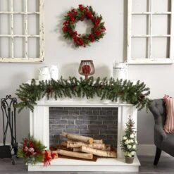 24 In. Artificial Plum Blossom Pine Wreath -AFLORAL ONLINE STORE nearly natural decorative wreaths 4551 31 1000